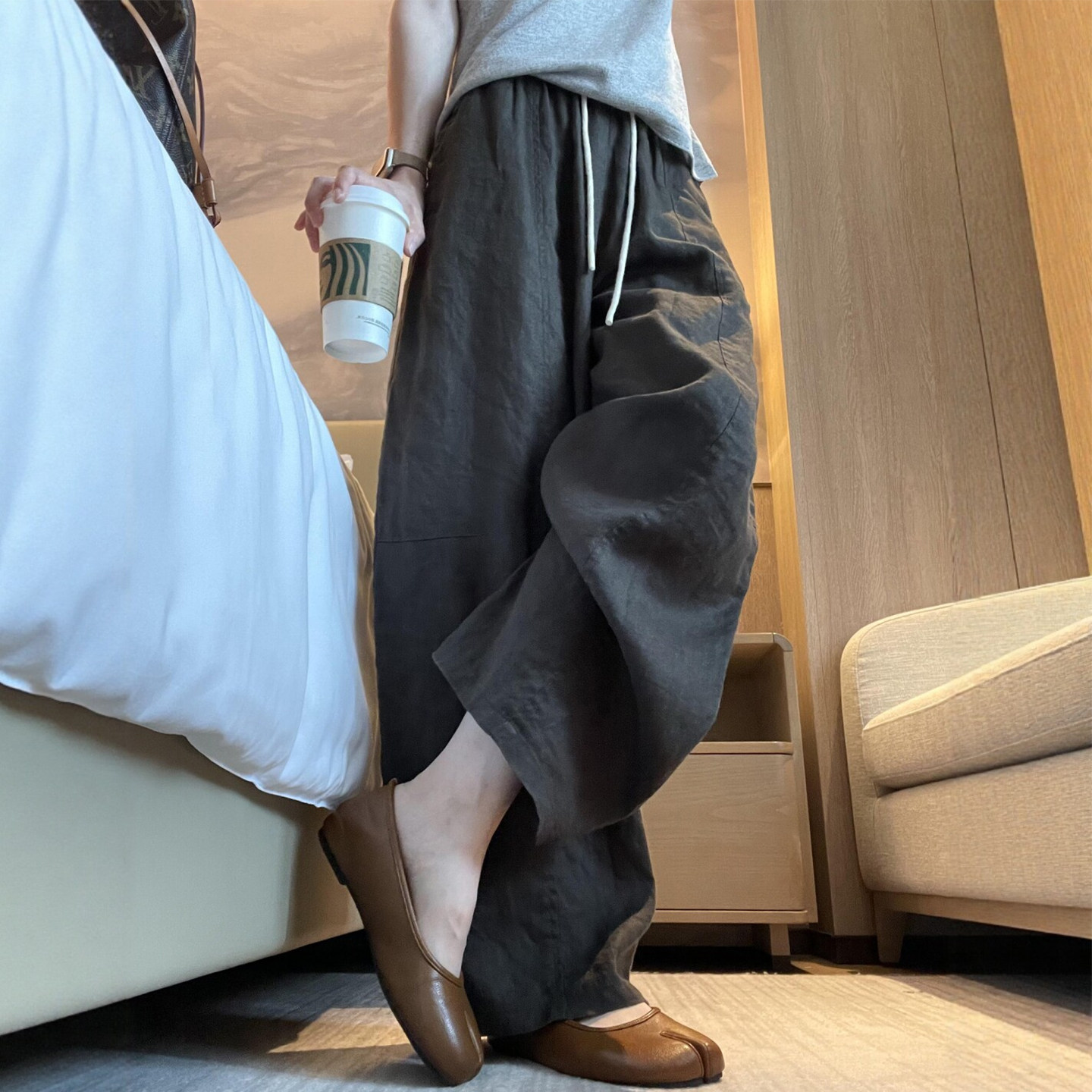 莱赛尔天丝亚麻休闲裤女夏薄款大码老钱风裤子宽松弯刀慵懒阔腿裤