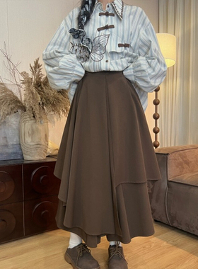 美拉德棕色不规则阔腿半身裙裤大码女装秋休闲裤裙梨型伯克利裙子