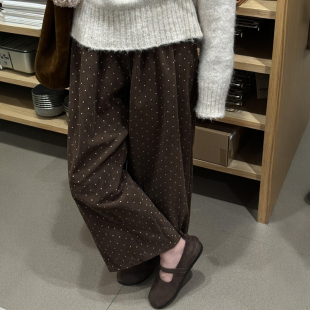 秋冬小个子阔腿休闲梧桐裤 美拉德棕色加绒灯芯绒波点气球裤 子大码