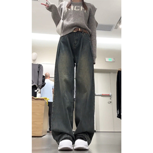 秋季新款水泥灰直筒牛仔裤子女款梨型大码胖mm复古宽松慵懒阔腿裤