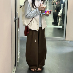 美拉德阔腿弯刀棕色裤 今年流行梧桐裤 子女大码 裤 休闲镰刀工装 春季