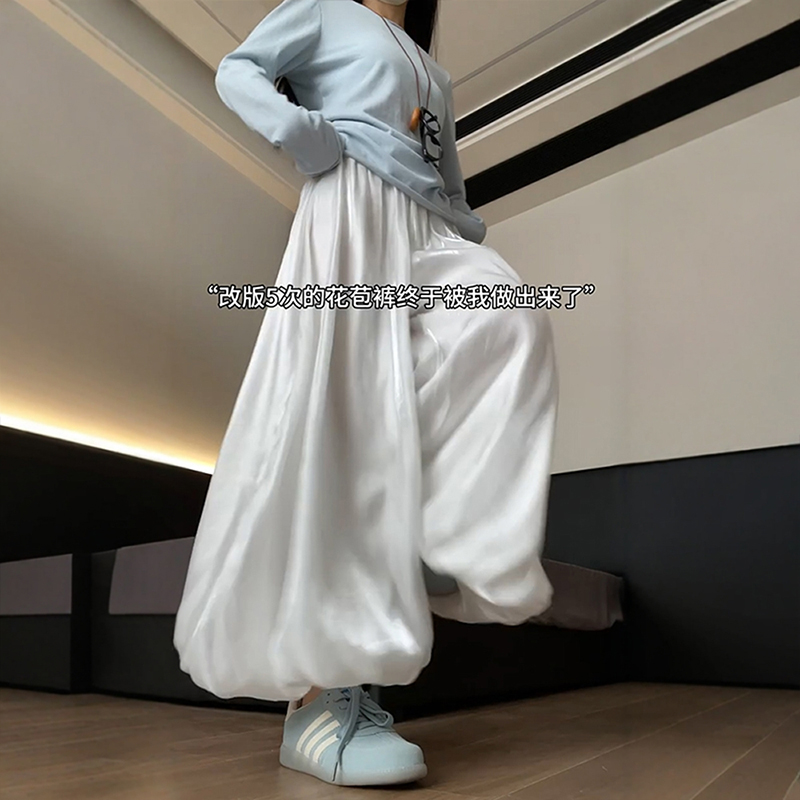 白色缎面花苞裙裤夏季女大码胖mm流光纱月光阔腿裤裙灯笼休闲长裤