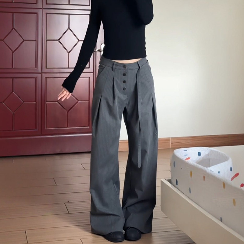 老钱风裤子灰色条纹西装裤大码胖mm女春阔腿休闲裤今年流行梧桐裤,女装/女士精品,休闲裤,淘宝优惠券,粉丝福利购,淘宝优惠卷