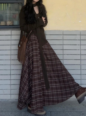 复古美拉德不规则棕色格子半身长裙秋大码女装格纹梨形伯克利裙子