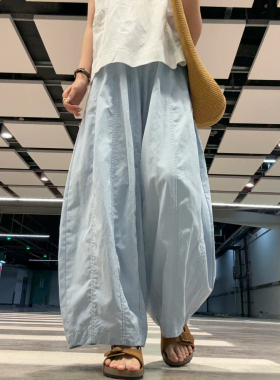 蓝色速干裤阔腿气球裤大码弯刀休闲裤韩系慵懒松弛感裤子女夏薄款