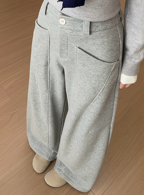 灰色弯刀运动裤子女胖mm大码显瘦新款卫裤阔腿长裤今年流行梧桐裤