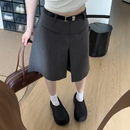 女大碼 胖mm小個(gè)子休閑闊腿中褲 短裙褲 五分短褲 裙 夏季 灰色疊褶西裝