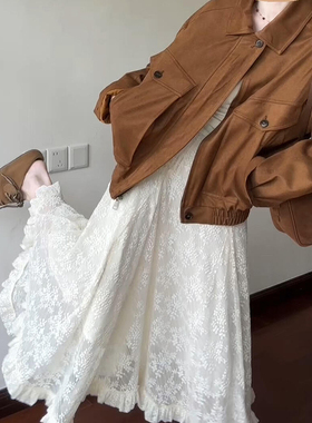 白色不规则蕾丝拼接半身长裙大码女装秋季显瘦大摆梨型伯克利裙子