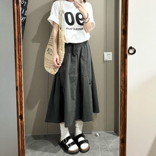 深灰色工裝 胖mm抽繩設計感a字休閑半身長裙 女大碼 大擺傘兵裙夏季