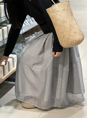 灰色欧根纱花苞半身长裙夏季女大码胖mm显瘦梨型身材伯克利半裙子
