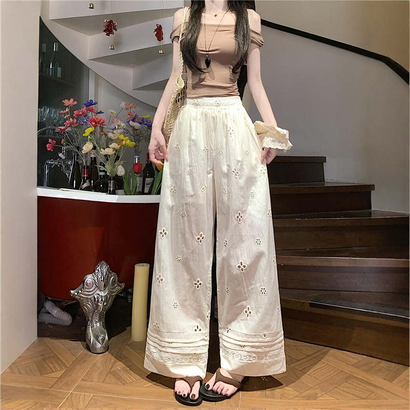 米白色刺绣蕾丝拼接镂空休闲裤大码胖mm阔腿裤女夏薄款宽松慵懒风