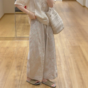 日系刺绣波点亚麻裤大码胖mm九分休闲裤棉麻裤子女款夏梨形报恩裤