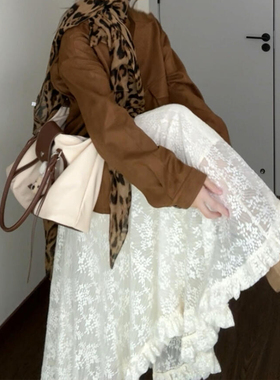 白色不规则蕾丝拼接半身长裙大码女装秋季流行风格梨形伯克利裙子