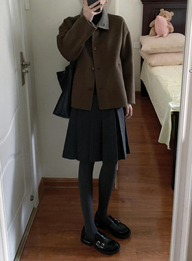 灰色毛呢中裙百褶半身裙大码女秋冬穿搭小个子短裙梨形伯克利裙子