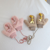 手套女冬可爱挂脖卡通连指手套学生韩版 百搭毛茸茸护手防寒保暖