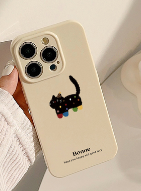 ins日韩涂鸦黑色小猫咪适用苹果16promax手机壳iphone13新款15pro女款14简约小众创意卡通11全包软壳16保护套