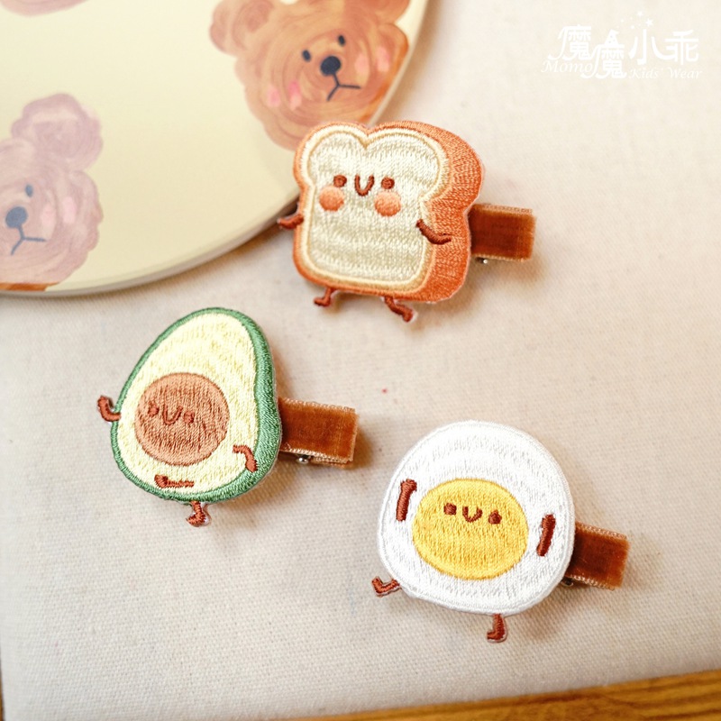 女童可爱早餐系列刺绣布贴发夹