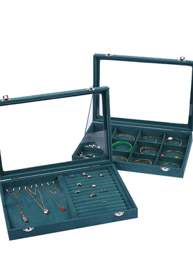 新款墨绿色绒布首饰收纳箱带盖大容量项链戒指手镯饰品耳环展示盒