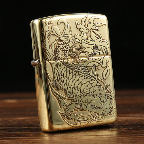 打火机zippo正版 纯铜盔甲版浮雕 荷花鲤鱼 原装正品zppo男士礼品