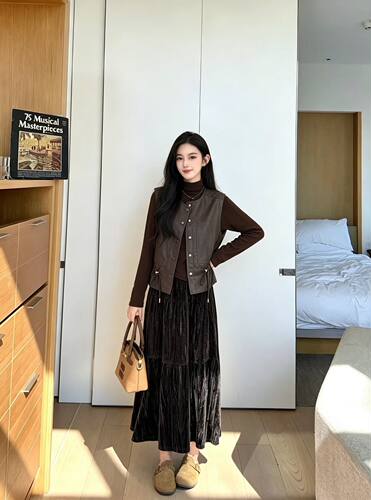 复古PU皮马甲连衣裙套装女2026秋新梨型遮肉显瘦高级感三件套S013
