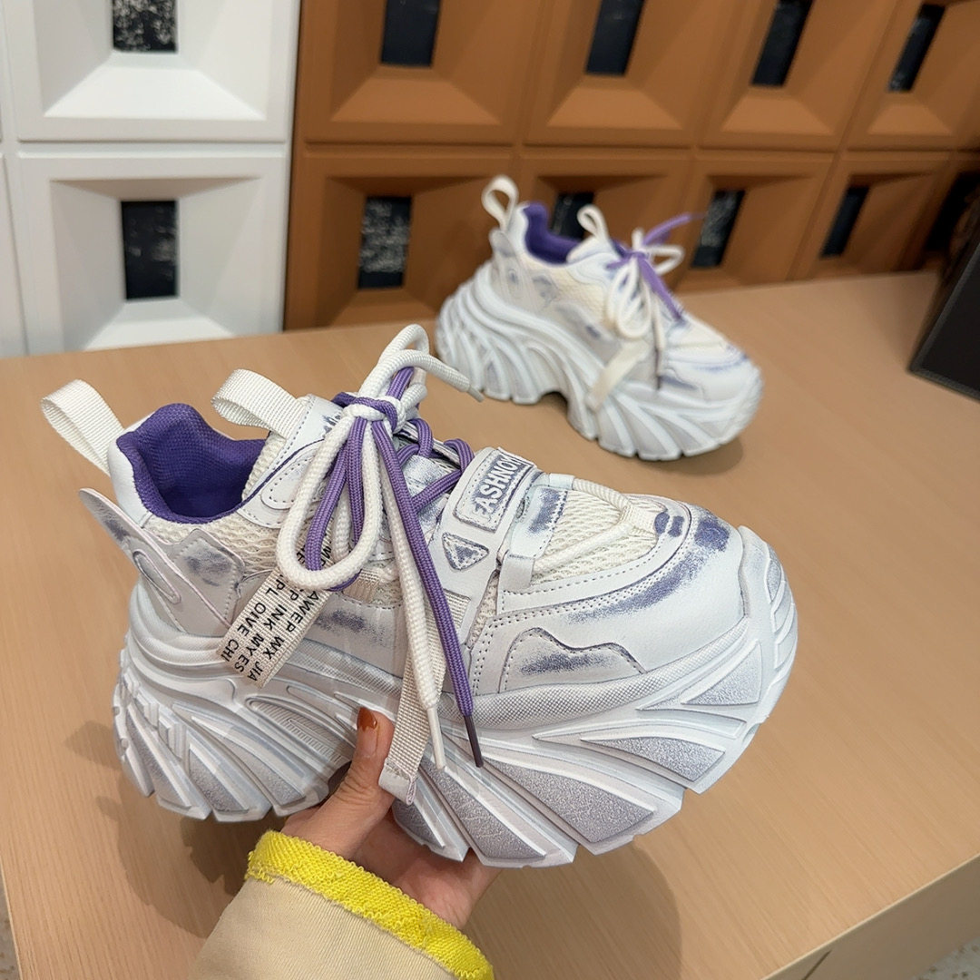 韩版渐变色水钻绑带厚底老爹鞋女ins潮增高轻便透气网休闲运动鞋