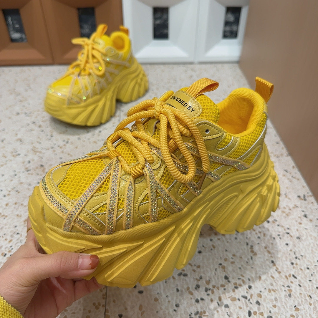 欧货重工水钻绑带厚底老爹鞋女ins潮春韩版增高透气网松糕运动鞋