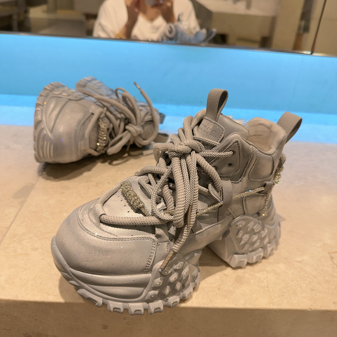 欧货重工水钻做旧擦色老爹鞋女2024冬百搭显瘦增高厚底鞋松糕休闲