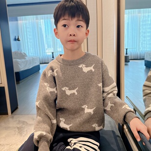 双层领口螺纹经典耐穿狗狗图案毛衣针织衫秋冬套头圆领男女宝童装