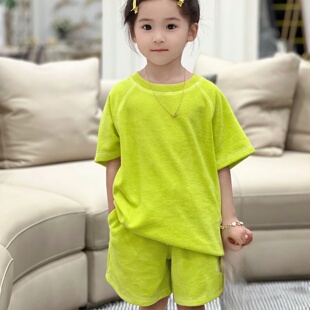 荧光绿纯棉儿童薄款套装圆领短袖T恤上衣短裤中小童休闲宽松运动