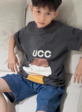 25棕色帽子狗T恤纯棉印花短袖上衣春秋打底衫男女宝宝小中大童装