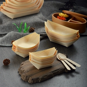 一次性小木船50只寿司点心盘木皮船创意餐具小木舟船意境菜装 饰品