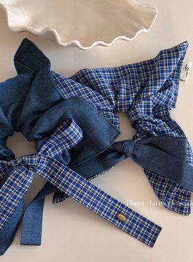 蓝色复古高智格纹方巾大肠发圈新款时尚牛仔织带蝴蝶结金标发绳女