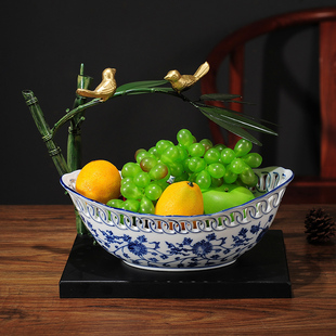 饰品客厅餐厅创意茶几中国风青花瓷 水果盘中式 陶瓷铁艺摆件家居装