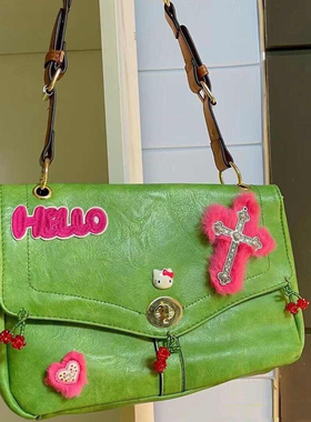 原创自制欧美hellkitty十字架爱心牛油果绿复古辣妹凯蒂猫斜挎包