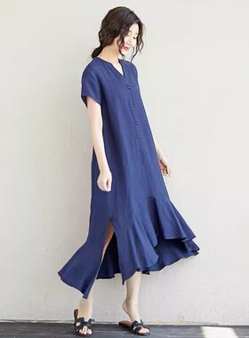 清仓捡漏大码荷叶边裙子夏季洋气时尚女装开扣燕尾长款麻料连衣裙