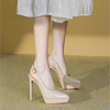 12cm包头尖头超高跟鞋防水台细跟一字扣带凉鞋女夏季性感裸色13cm