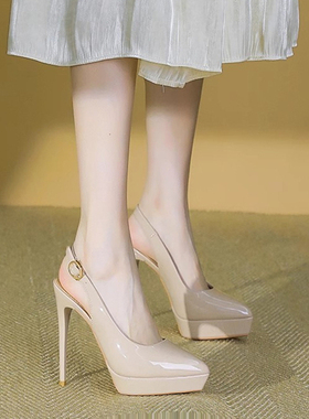 12cm包头尖头超高跟鞋防水台细跟一字扣带凉鞋女夏季性感裸色13cm