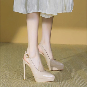 12cm包头尖头超高跟鞋防水台细跟一字扣带凉鞋女夏季性感裸色13cm