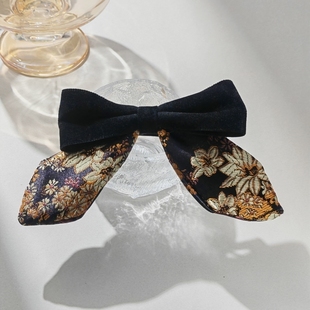 法式复古花卉碎花蝴蝶结丝绒发夹女黑色头花发饰顶夹弹夹发卡