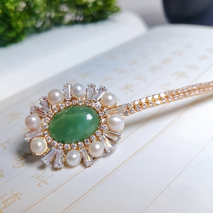 人工制作淡水珍珠东陵玉复古边夹一字夹精致镀金镶嵌刘海头发饰品