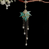 掐丝仿点翠国风中式 旗袍压襟挂饰竹叶配饰胸挂襟步古典蓝流苏