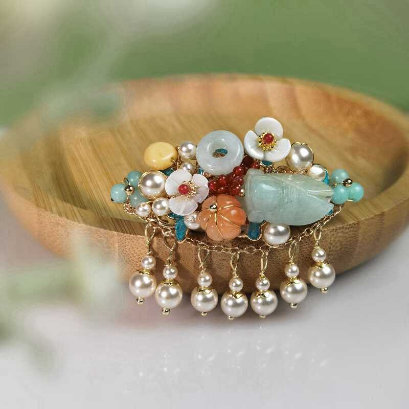 天然翡翠古风短流苏发夹