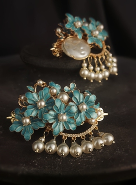 手工盘发汉服旗袍复古装流苏典雅新中式风仿烧蓝珍珠流苏发夹发饰