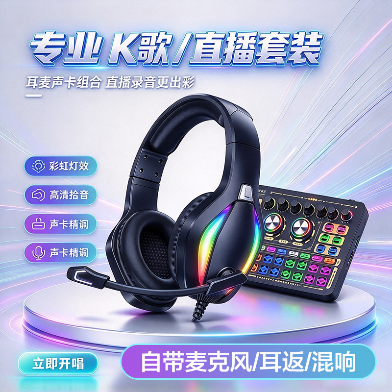全民K歌录歌手机耳麦带话筒声卡套装耳返混响直播录音圆孔type-c