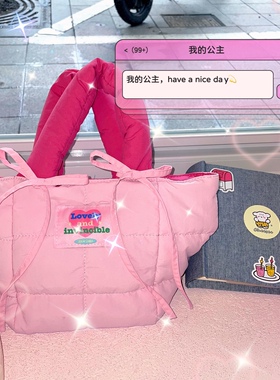 SEEU SODA原创少女芭比粉保暖手提包蝴蝶结可爱肩挎包韩国包包