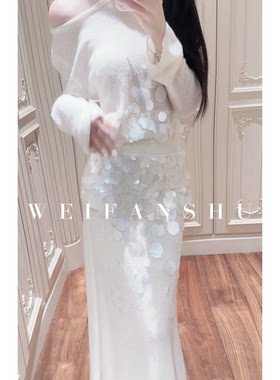 针织两件套装女士亮片上衣半身裙
