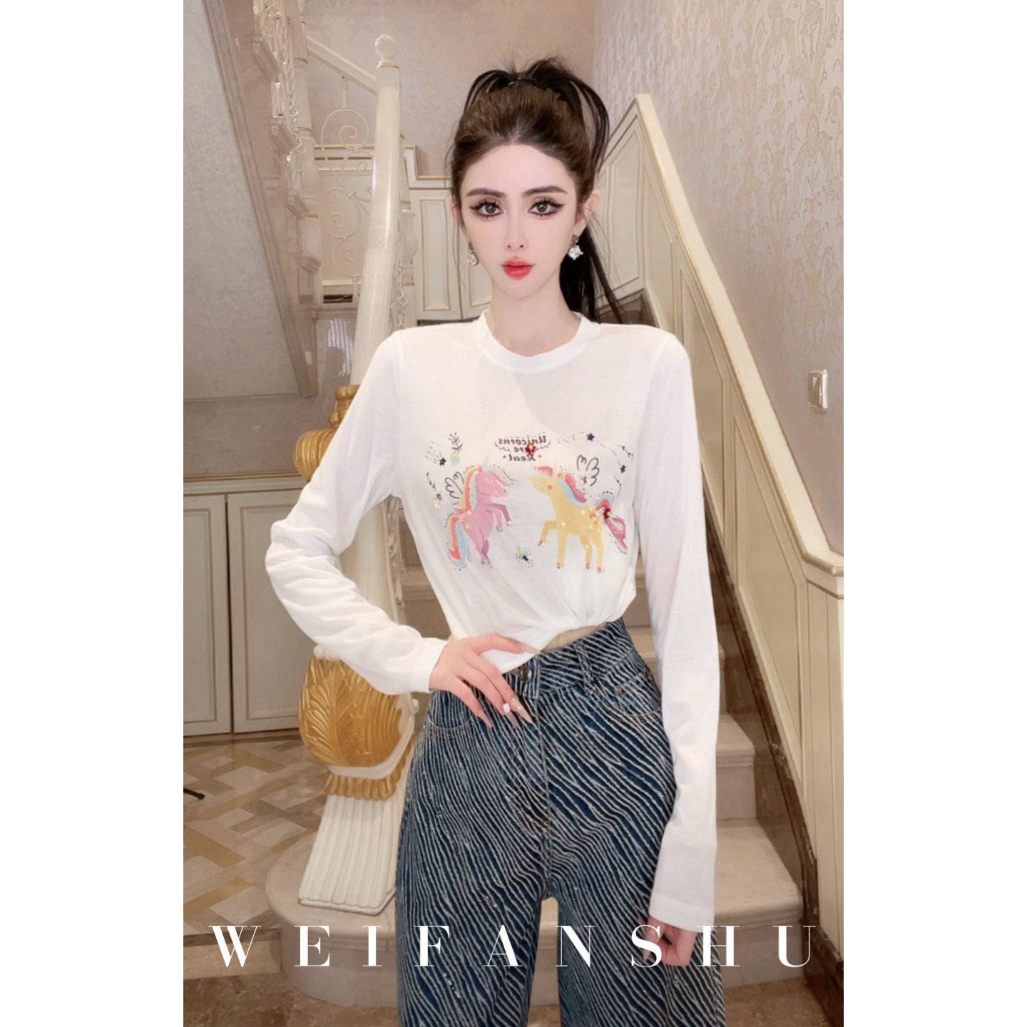 凡舒轻奢 双马迎春2026年春夏新款小马涂鸦气质圆领T恤上衣百搭,女装/女士精品,T恤,淘宝优惠券,粉丝福利购,淘宝优惠卷