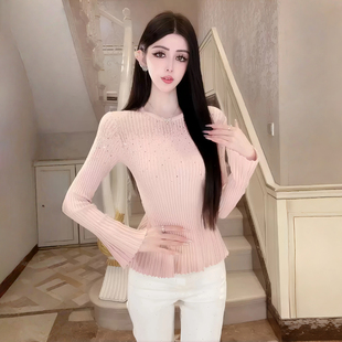 魏凡舒 【极光织语】小众设计感针织衫女士2026秋烫钻喇叭袖上衣