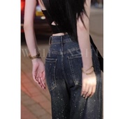 凡舒轻奢 百搭 烫钻时尚 闪耀巴黎2025年秋冬新款 加绒直筒牛仔裤