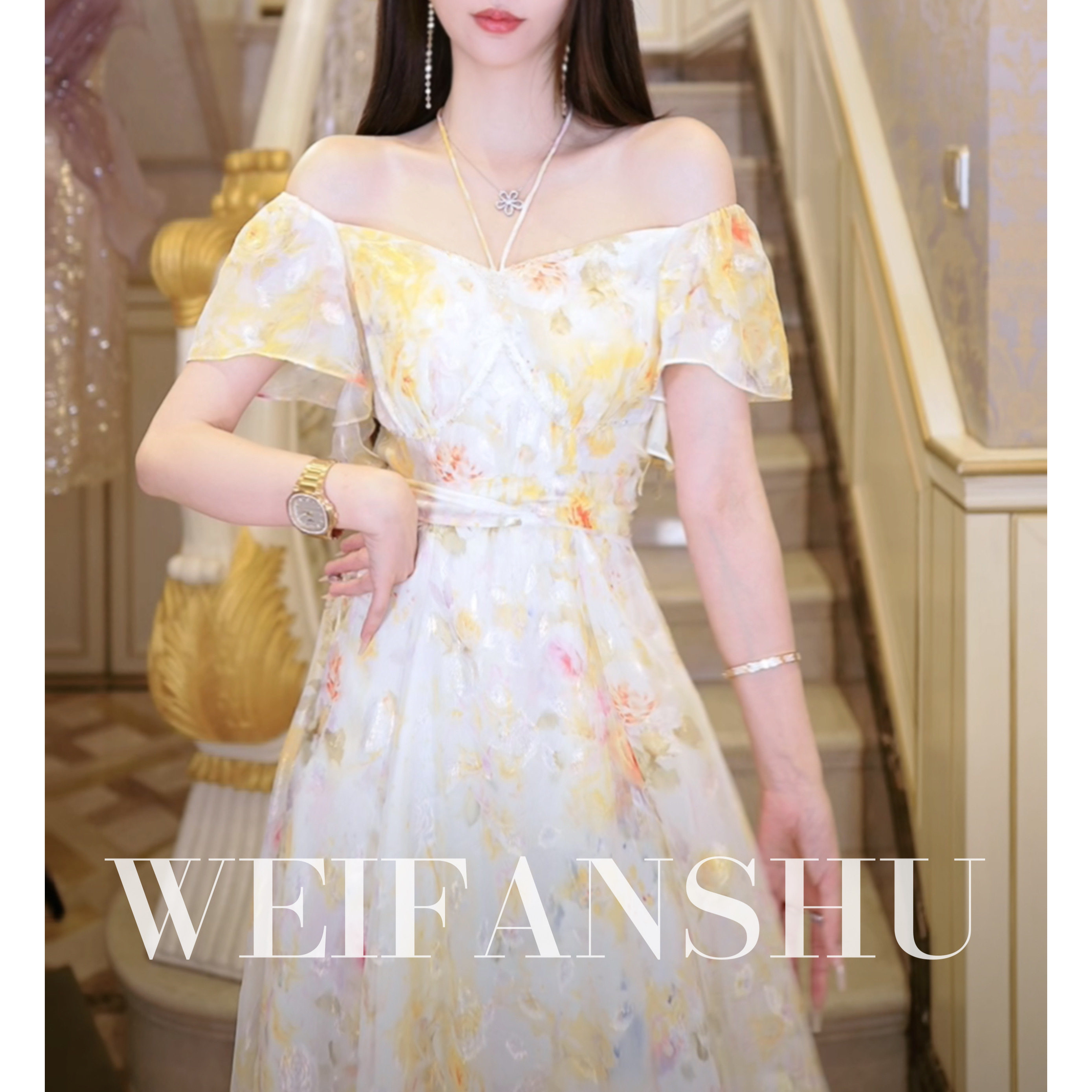 凡舒轻奢 伊甸花园2023年春夏新款挂脖一字肩系列连衣裙优雅甜美